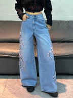 American Vintage Floral Embroidery Design Blue Baggy Jeans Women Y2K Street Fashion Trendy Versatile Comfortable Wide-Leg Pants