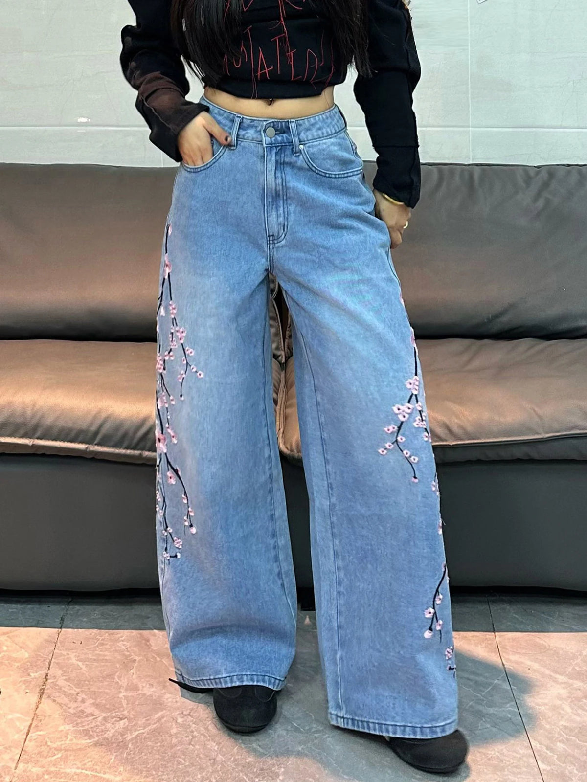 American Vintage Floral Embroidery Design Blue Baggy Jeans Women Y2K Street Fashion Trendy Versatile Comfortable Wide-Leg Pants