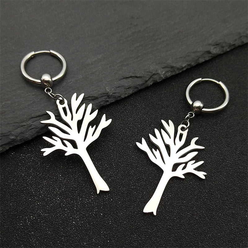 Stainless Steel Music Band Hip Hop Tree of Life Hoop Earrings for Women Silver Color Gothic Punk Earring Jewelry Gift E3404S06