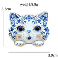 PENDRA Porcelain Cats Blue-and-White Rhinestone Brooch
