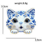 PENDRA Porcelain Cats Blue-and-White Rhinestone Brooch