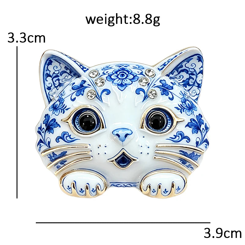 PENDRA Porcelain Cats Blue-and-White Rhinestone Brooch
