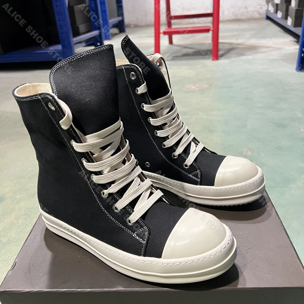 PENDRA Fringe Noir Black Canvas High-Top Zip Lace-Up Fringe Platform Ankle Boots