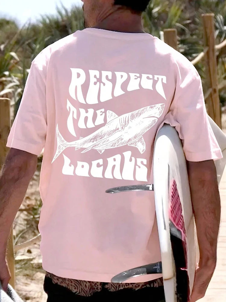 Summer Outdoor Casual Men's T-shirt Seaside Surf Men's Short Sleeve Letter Shark Print Men's T-shirt Daily Street Fashion T-shir