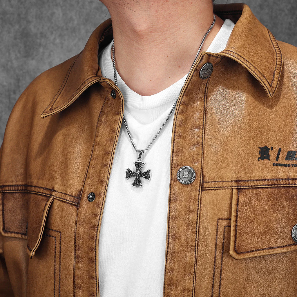 PENDRA Flame Skull Cross Steel Necklace