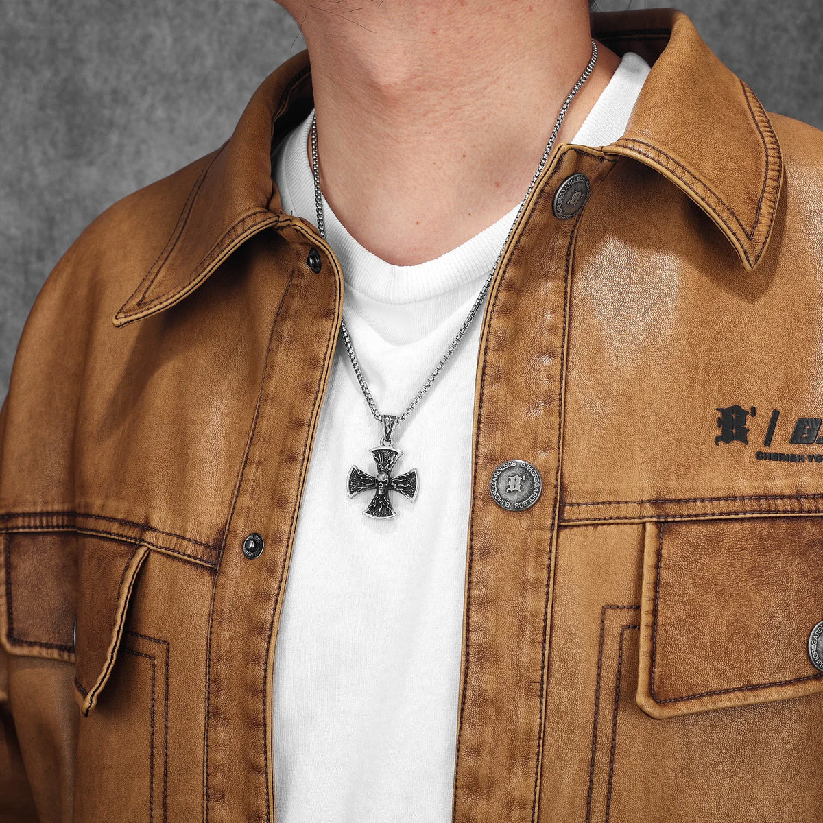 PENDRA Flame Skull Cross Steel Necklace