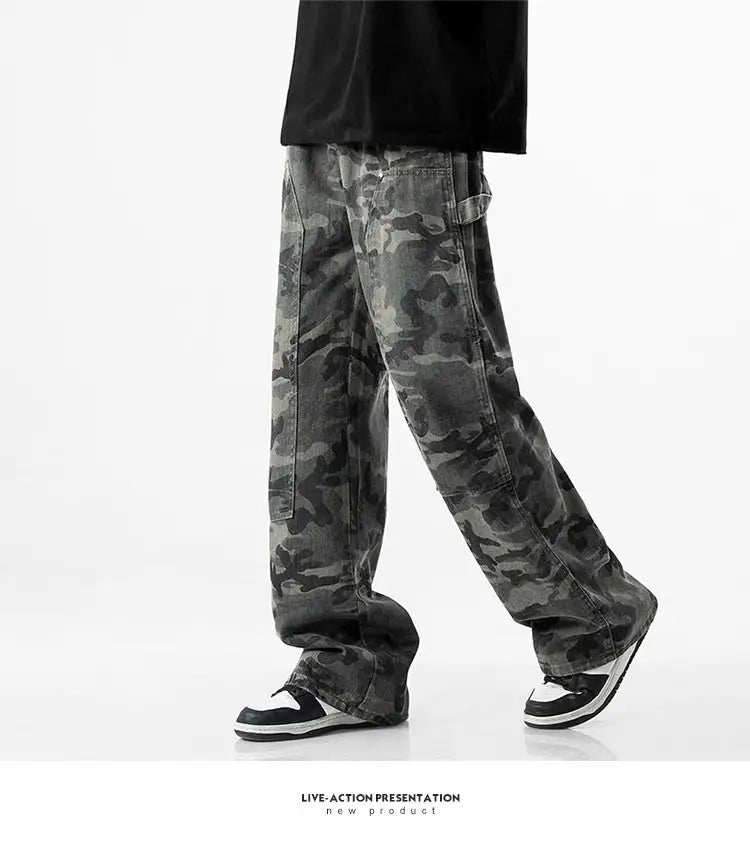 Camouflage Tooling Jeans Autumn New High Street Retro Loose Straight Wide Leg Baggy Trousers Cargo Pants Men Low Rise Jeans