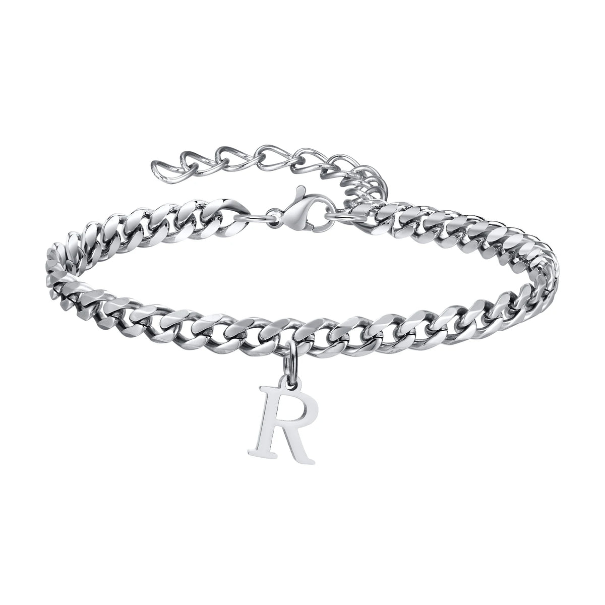 Mens Initials Cuban Links Bracelets,Stainless Steel A-Z 26 Letters Alphabet Charm Chain Wristband Adjustable,Casual Jewelry Gift