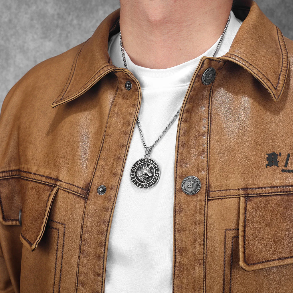 PENDRA Rune Wolf Steel Necklace