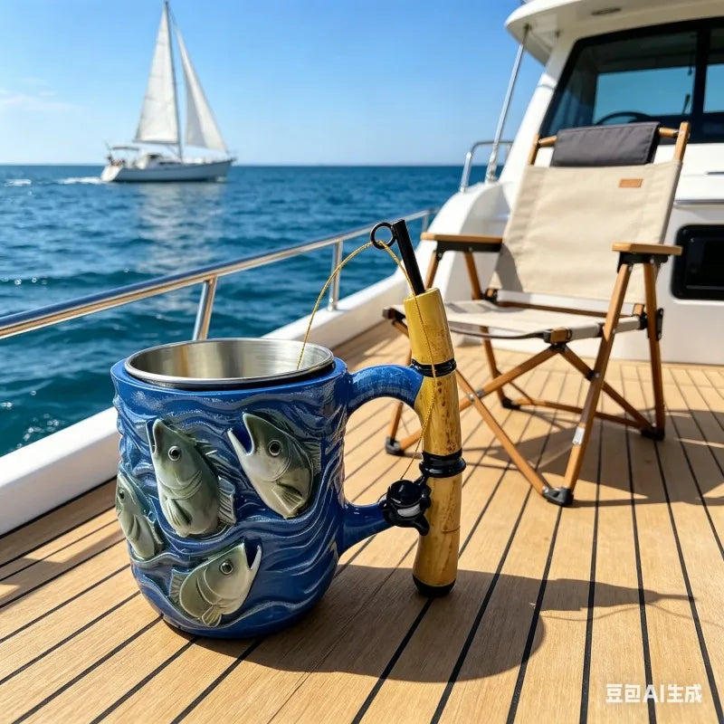 Funny Fishing Rod Handle Coffee Mug 3D Fishing Embossed Stainless Steel Cup for Men Collect Decor Family Ornament Collection