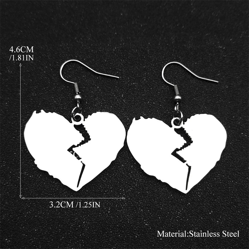 Gothic Style Broken Heart Dangle Earrings for Women Stainless Steel Gold Black Color Cool Girl Charm Party Drop Earrings Jewelry