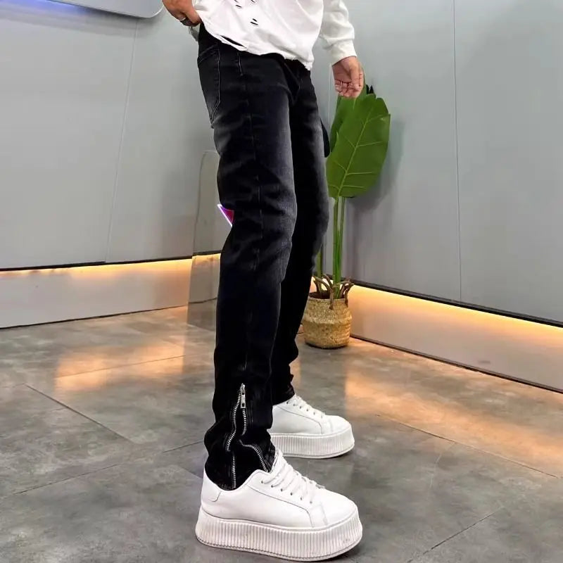 High-end 2026 Dark Blue Foot Zipper Jeans Men's Slim-fitting Small Straight Trendy Fashion Elastic Cargo Casual Trousers Male