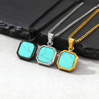 Natural Stone Square Pendant Necklace for Men Boys,Stainless Steel Turquoise Pendant,Jewelry Gift for Husband Dad Son BBF