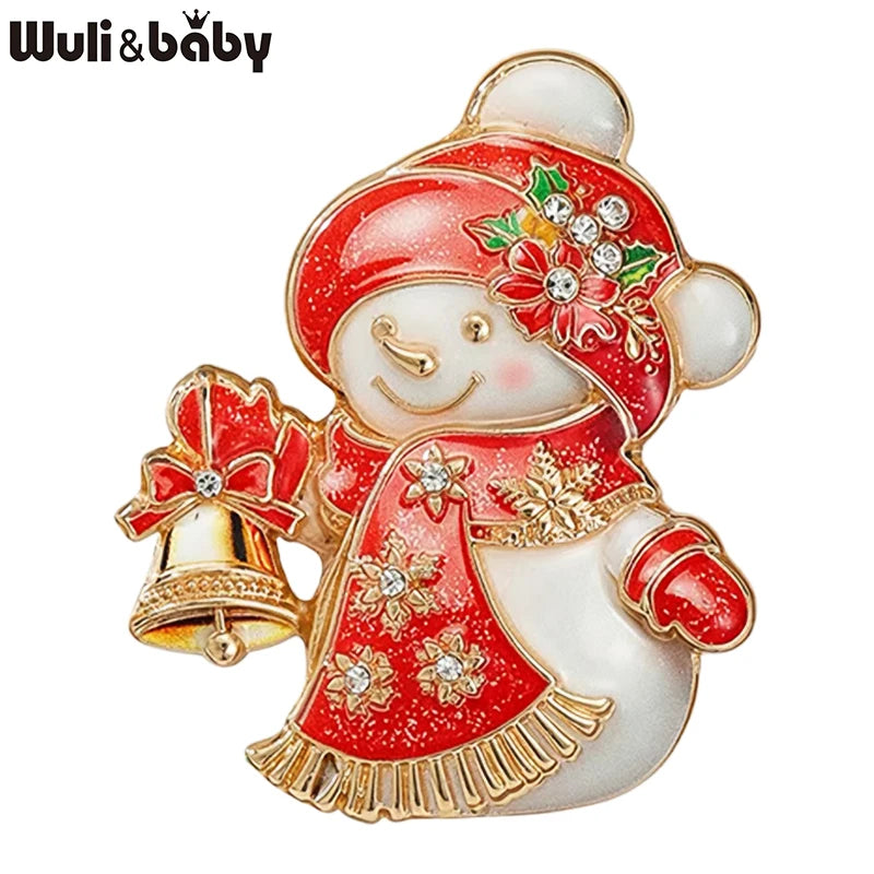 Wuli&baby Lovely Snowman Brooches For Women Unisex 2-color Taking Bell Snowman Christmas Brooch Pin New Year Gifts
