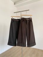 Retro design with rolled edge high waist casual pants 2025 autumn new slim fit and versatile wide leg pants for women