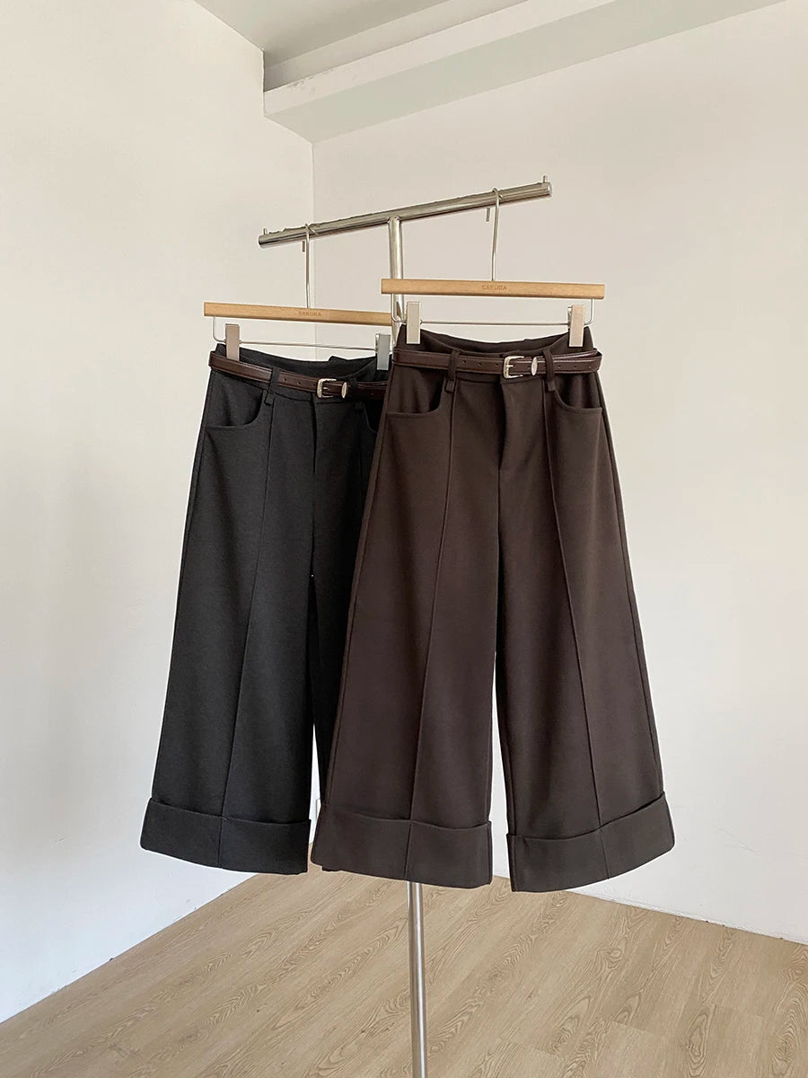 Retro design with rolled edge high waist casual pants 2025 autumn new slim fit and versatile wide leg pants for women
