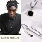 Black Square Necklaces for Men Boys,Stainless Steel Necklaces with Rope/Cuban/Figaro/Box Chain Collar,Stylish Jewelry Gifts