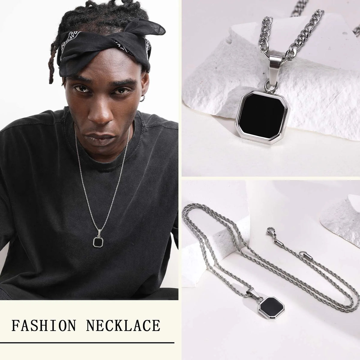 Black Square Necklaces for Men Boys,Stainless Steel Necklaces with Rope/Cuban/Figaro/Box Chain Collar,Stylish Jewelry Gifts