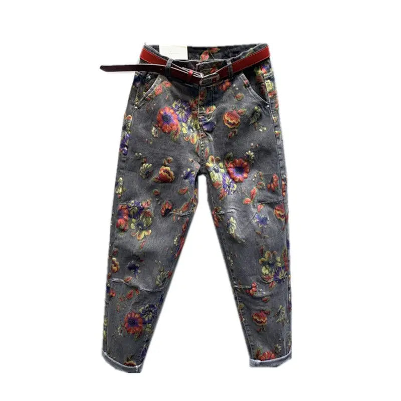 Spring Autumn European Ethnic Style Oversized Printed Jeans Retro Loose Ankle-Tied Harem Trousers Fashionable Denim Pants