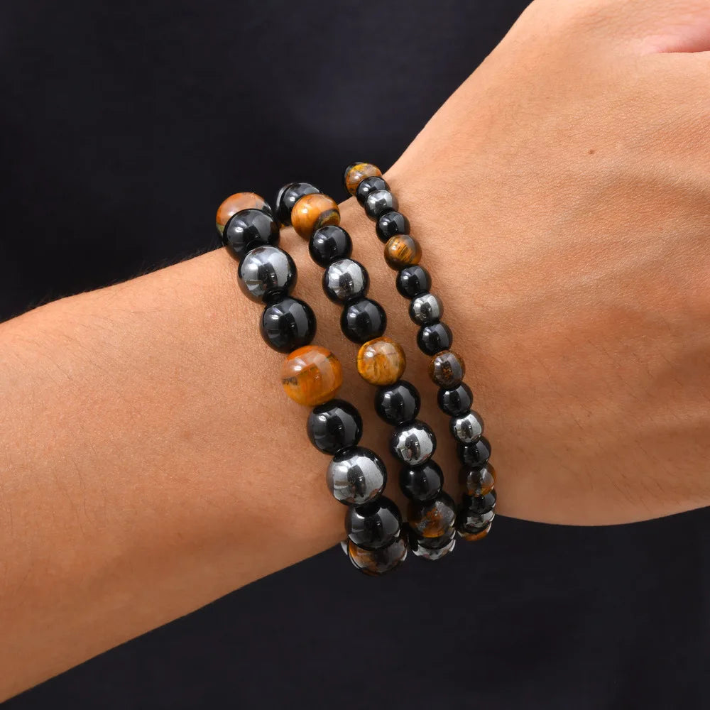 6/8/10mm Black Natural Stone Beaded Bracelets for Men,Obsidian Hematite Tiger Eye Beads Bracelets,Health Protection Soul Jewelry