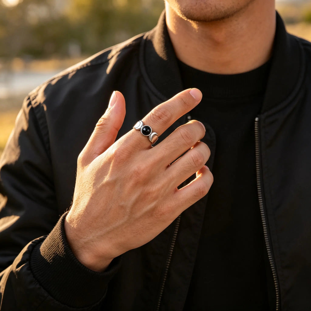 Triple Moon Goddess Ring for Men,Stainless Steel Black Onyx Stone Ring,Wicca Pagan Witchcraft Protection Amulet Finger Jewelry
