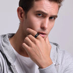 Stylish Black Mens Initial Ring, Waterproof Stainless Steel A-Z Letter Wedding Bands for Male Boys Finger Gift Jewelry