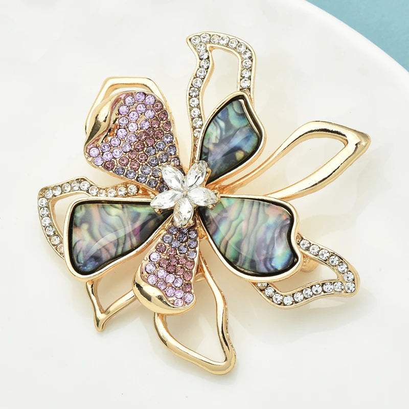 PENDRA Flora Double-Layer Rhinestone Enamel Flower Brooch