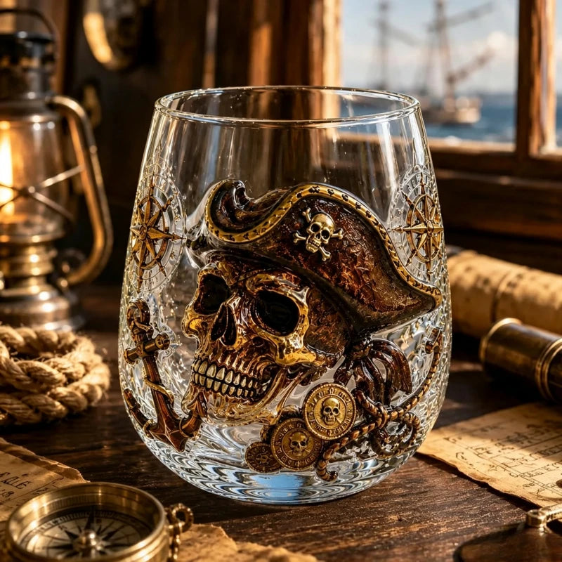 Vintage Pirate Captain Skull Stemless Whiskey Glass Nautical Anchor Compass Treasure Coin Print Heavy Base Bar Decor Tumbler