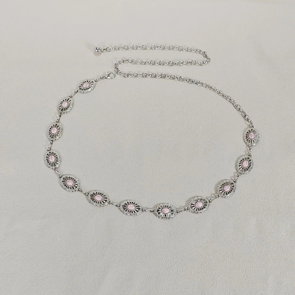 Silver Bohemian Female Metal waist chain Belt luxury Blue Gemstone Ellipse Designer Belts for Women Long Waistband Punk