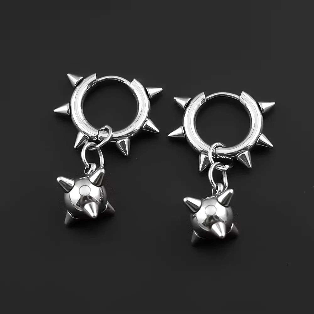 Gothic Spiky Sphere Drop Earrings Stainless Steel Spike Ball Dangle Huggie Hoops Dark Street Emo Piercing Decor Jewelry Gift