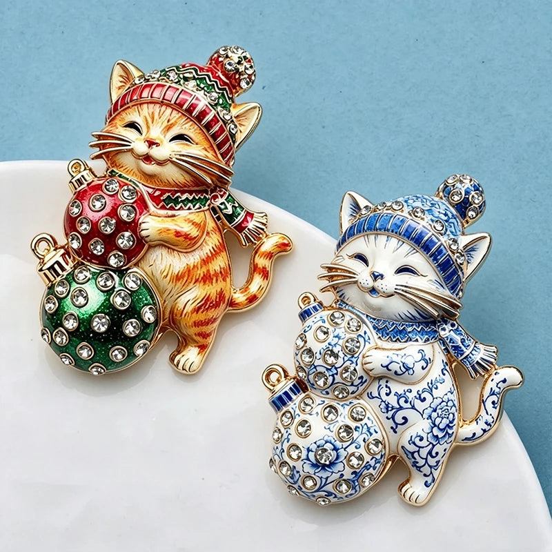 PENDRA Lightspark 2-Color Enamel Christmas Cat Brooch