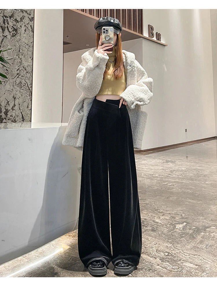 Black Gold Velvet Wide Leg Pants Women Winter Velvet High Waist Drop Feel Straight Tube Versatile Casual Floor Pants