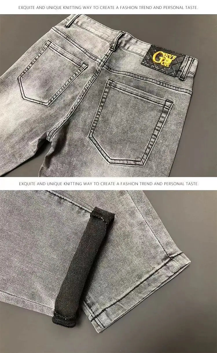 High-end Hot Diamond Jeans Men's Spring and Autumn Tide Brand Slim-fitting Small Feet Tiger Print Gray Casual Men Trousers Man