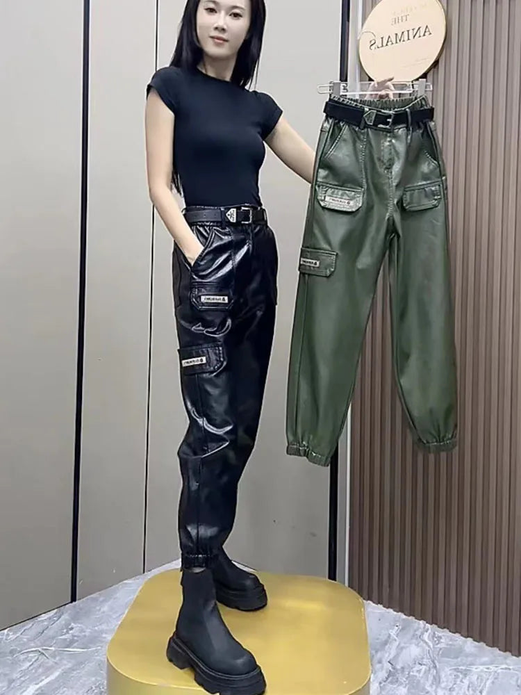 PENDRA Oversized Pocket Loose Leather Cargo Pants