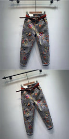 Spring Autumn European Ethnic Style Oversized Printed Jeans Retro Loose Ankle-Tied Harem Trousers Fashionable Denim Pants