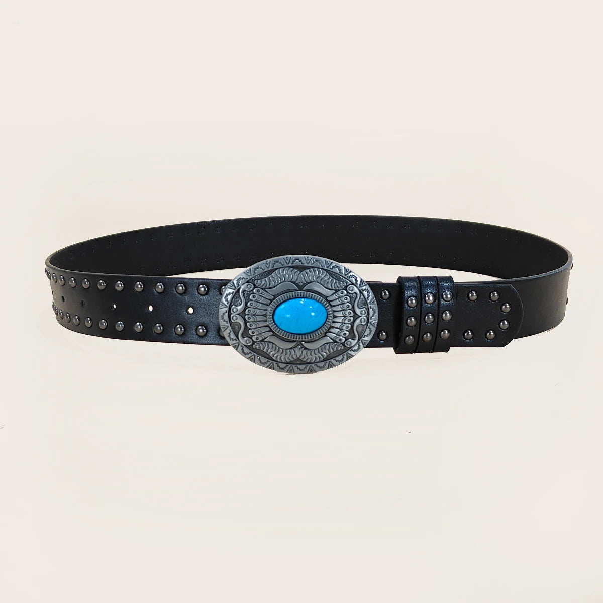 Men and Women's Casual Punk Rivet Belt Western Style PU Leather Belt with Turquoise Buckle for Daily Work Wear Gothic Jeans Belt