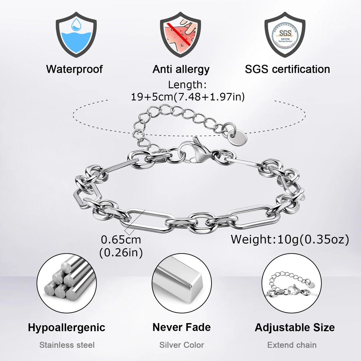 New Fahison Men's Chain Bracelet,Stainless Steel Silver Color Adjustbale Link Wristband,Hip Hop Jewelry Gift