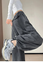 Corduroy cargo wide leg pants women in winter 2025 new high waisted loose fit slimming and ankle tied casual pants
