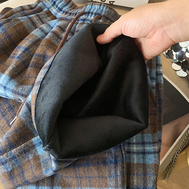 PENDRA Plaid Woolen Elastic Waist Wide Leg Pants