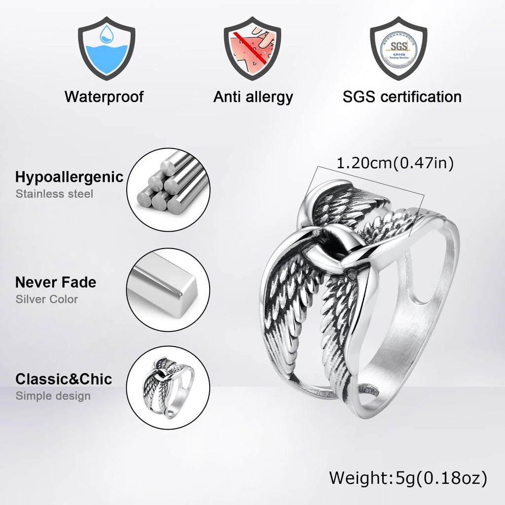 Punk Gothic Men Wings Ring,Stainless Steel Feather Band Statement Ring Signet Ring,Vintage Streetwear Trendy Jewelry Gift