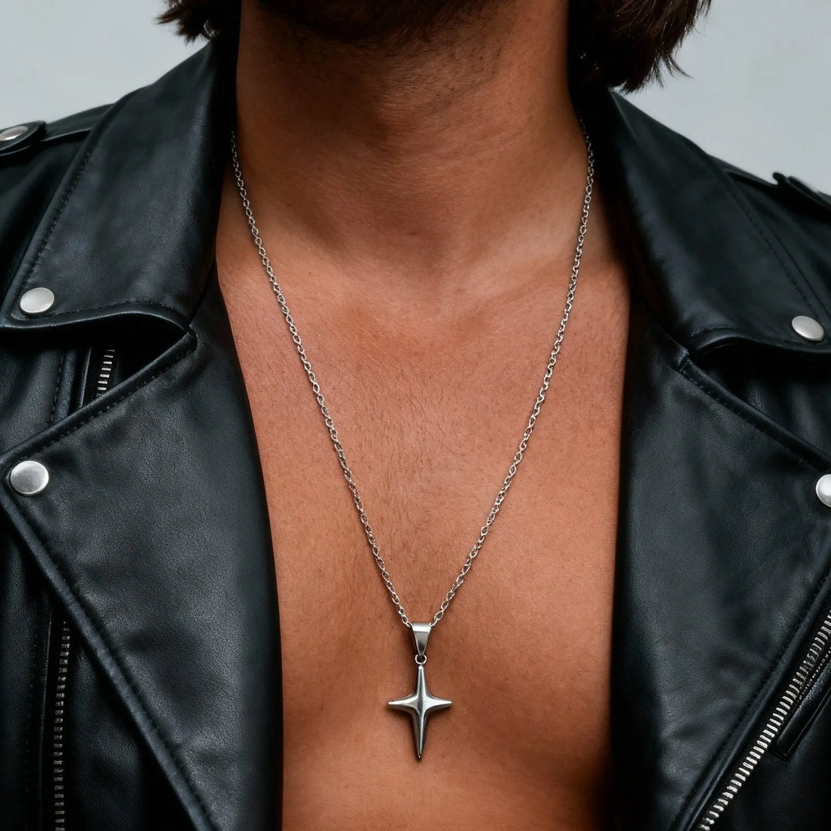 Simple Trendy Star Necklace for Men Boys,Silver Color Stainless Steel 4-Point Star Pendant,Hip Hop Minimalist Jewelry Gift