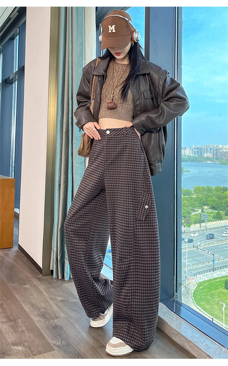 American style woolen plaid cargo pants women's autumn winter new plush casual versatile loose machete wide leg pants
