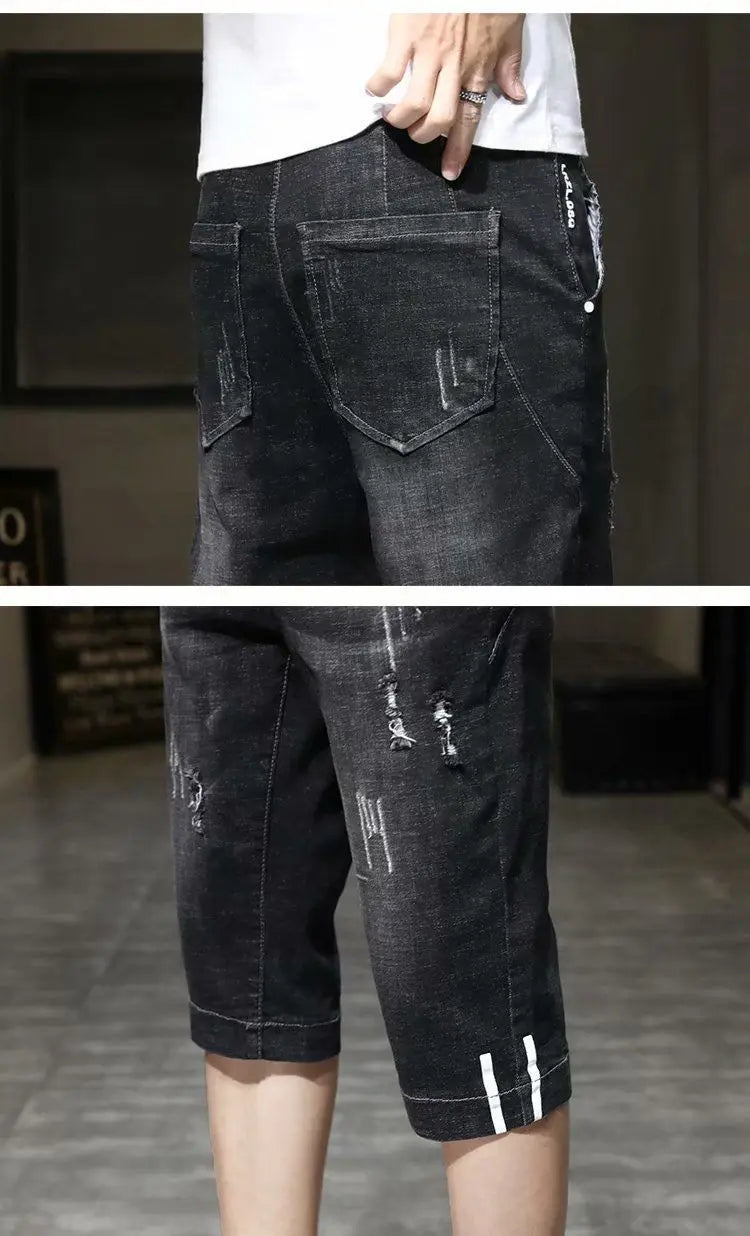 Clothes Y2k Man 2000s Summer Thin Stripe Men's Loose Casual Shorts Korean Denim Luxury  Elastic Waist Knee Pants Black Jeans Man