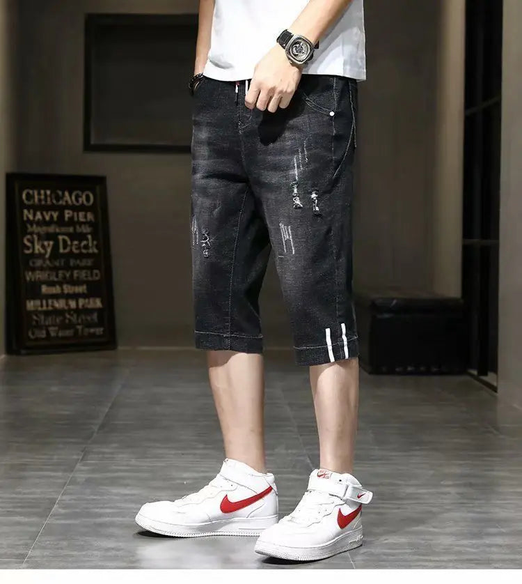 Clothes Y2k Man 2000s Summer Thin Stripe Men's Loose Casual Shorts Korean Denim Luxury  Elastic Waist Knee Pants Black Jeans Man