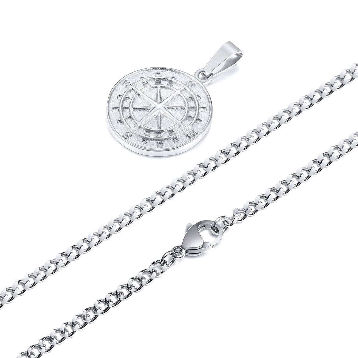 Men Retro Silver Color Seeker Compass Necklaces, Rock Punk Vintage Metal Stainless Steel Round Coin Pendant Collar Gift Jewelry