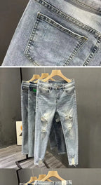 Luxury Fashion Designer Clothes Ripped Jeans Men's Trendy Brand 2025 Summer Ruffian Handsome Slim-fit Pants Elastic Thin Pants