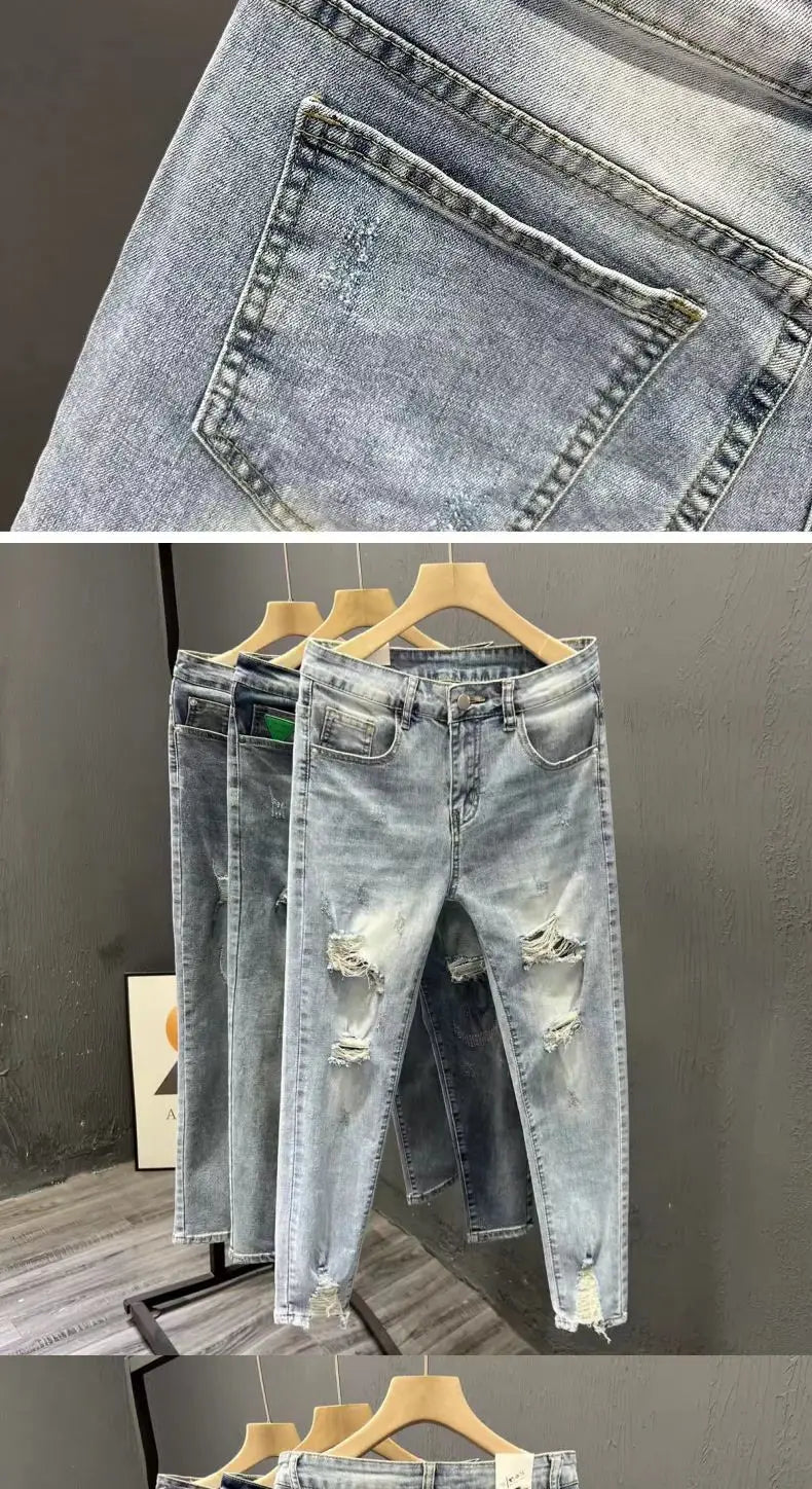 Luxury Fashion Designer Clothes Ripped Jeans Men's Trendy Brand 2025 Summer Ruffian Handsome Slim-fit Pants Elastic Thin Pants