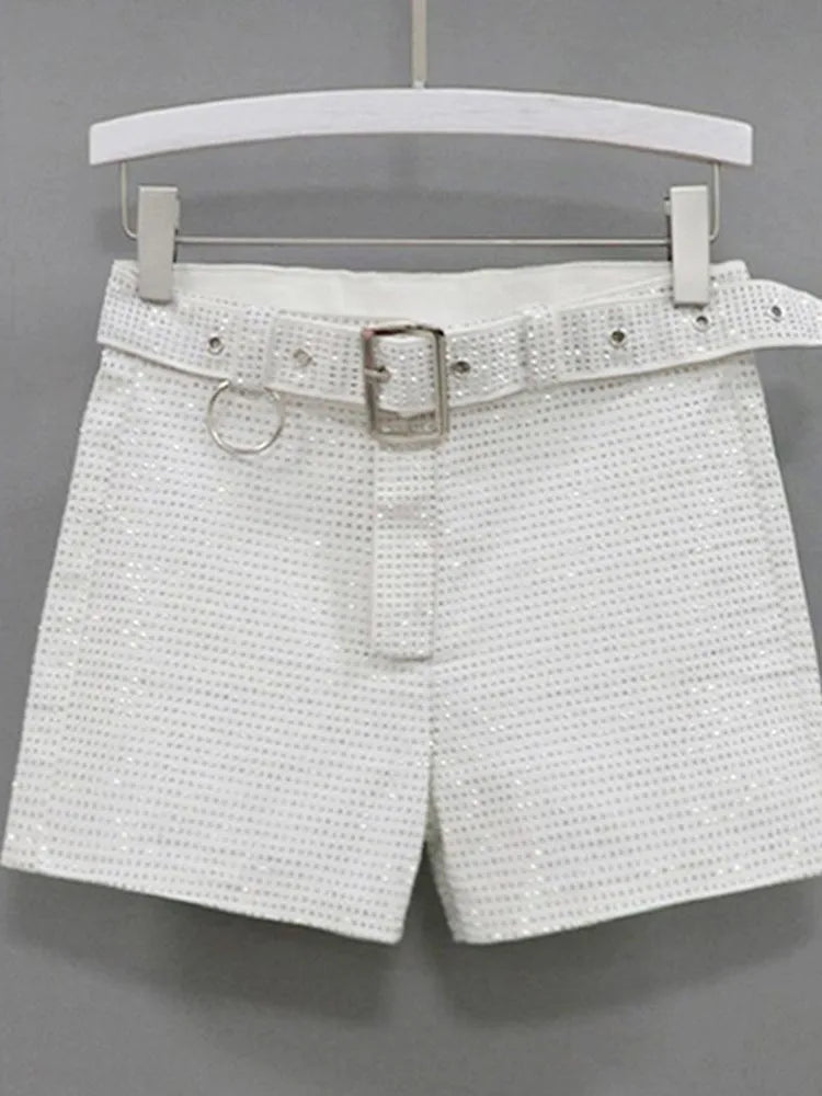 Rhinestone Shorts Women Wide Leg Shorts High Waist Sexy New Fashion Elastic Waist Diamond Casual Hot Pants Female belt