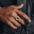 Black Stone Ring for Men,Gold Color Stainless Steel Square Ring Thumb Ring Signet Ring Wedding Ring,Classic Trendy Jewelry Gift