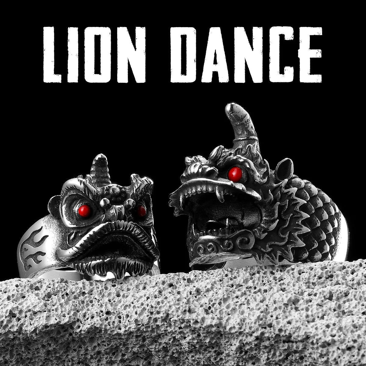 Chinese Lion Dance Unique Men Rings Stainless Steel Retro Punk Stylish Women Jewelry Fashion Accessories Gift Wholesale